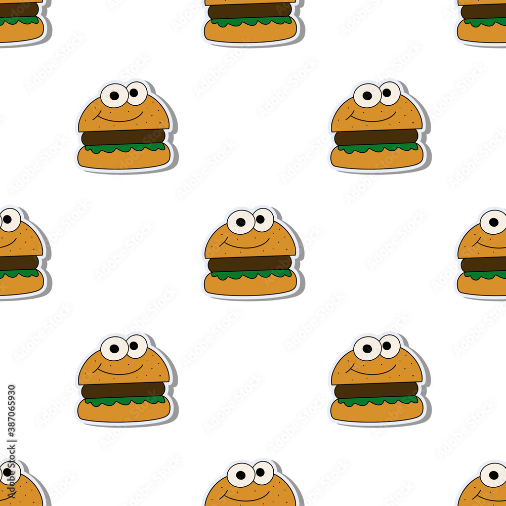 Burger seamless pattern in flat style. Burger sticker. Suitable for backgrounds, postcards, and wrapping paper. Vector. Burger seamless pattern in flat style. Burger sticker. Suitable for backgrounds, postcards, and wrapping paper. Vector.