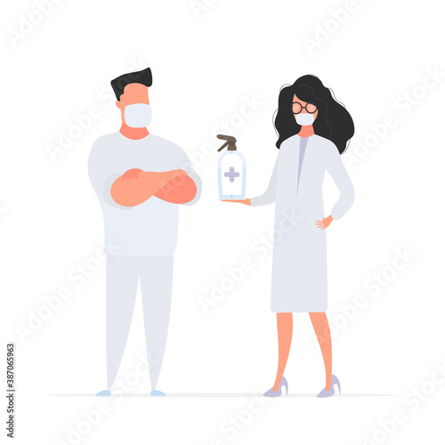 Man and Girl doctor. Medics in medical masks. Spray bottle. Sanitizer in a flat style. Vector.