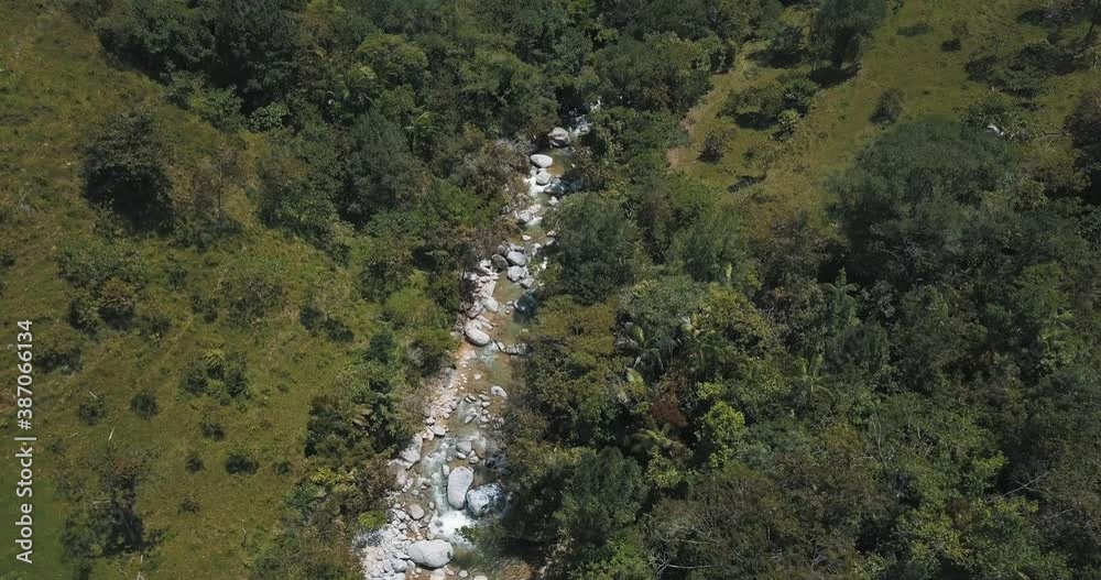 Drone aerial view of river with rocks in the middle of the forest in Medellin, Colombia Drone aerial view of river with rocks in the middle of the forest in Medellin, Colombia