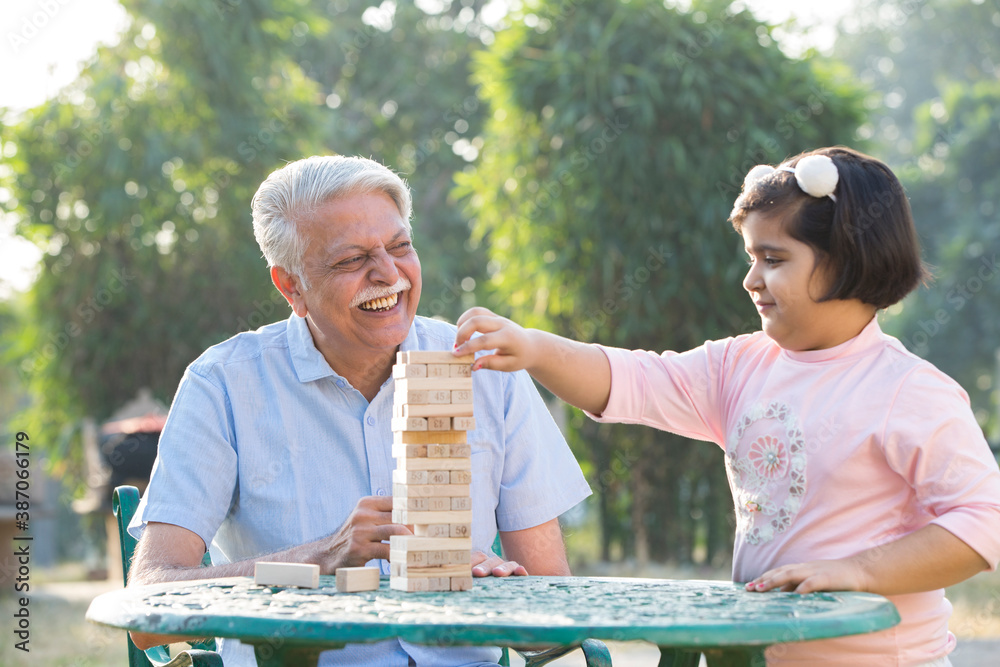 Grand father and Grand daughter Play Stacking Tower Skill Game Grand father and Grand daughter Play Stacking Tower Skill Game