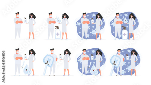 Set for a poster or presentation. Man and Girl doctor. Medics in medical masks. Spray bottle. Sanitizer in a flat style. Vector.
