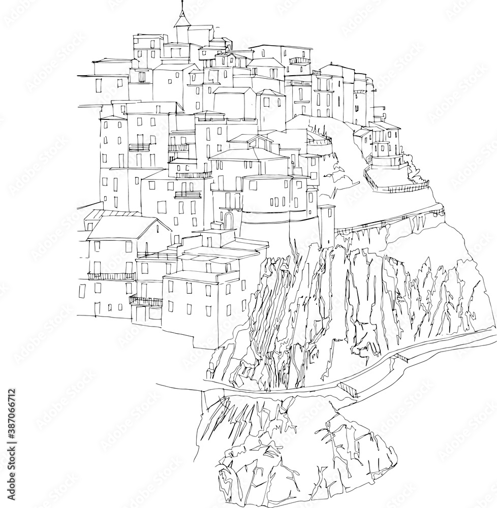 drawing of a city on the edge of a cliff in lines vector