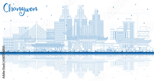 Outline Changwon South Korea City Skyline with Blue Buildings and Reflections.