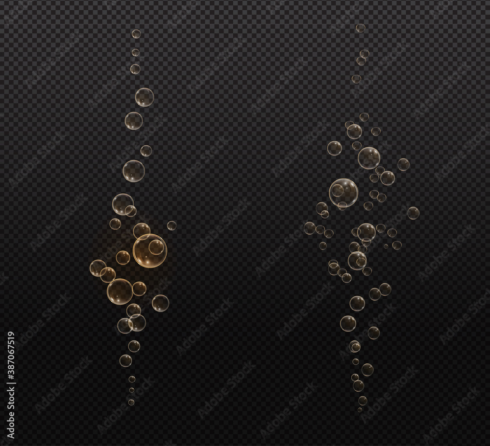 Gold fizzy bubbles. Sparkles champagne. Fizzy pop and effervescent drink. Abstract fresh soda and air bubbles, oxygen, champagne crystal. Vector illustration on black transparent background.