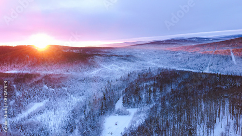 Aerial Winter forest after snow at sunset, Fairbanks, Alaska