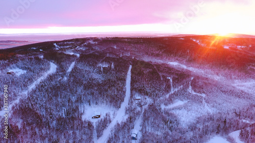 Aerial Winter forest after snow at sunset, Fairbanks, Alaska