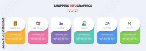 Concept of shopping process with 6 successive steps. Six colorful graphic elements. Timeline design for brochure, presentation, web site. Infographic design layout.