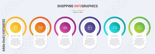 Concept of shopping process with 6 successive steps. Six colorful graphic elements. Timeline design for brochure, presentation, web site. Infographic design layout.