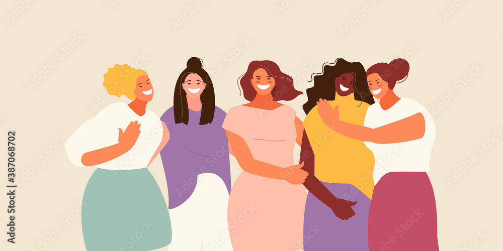 Girlfriends hugging laughing women. Friendship and sisterhood, female solidarity and support vector illustration Girlfriends hugging laughing women. Friendship and sisterhood, female solidarity and support vector illustration
