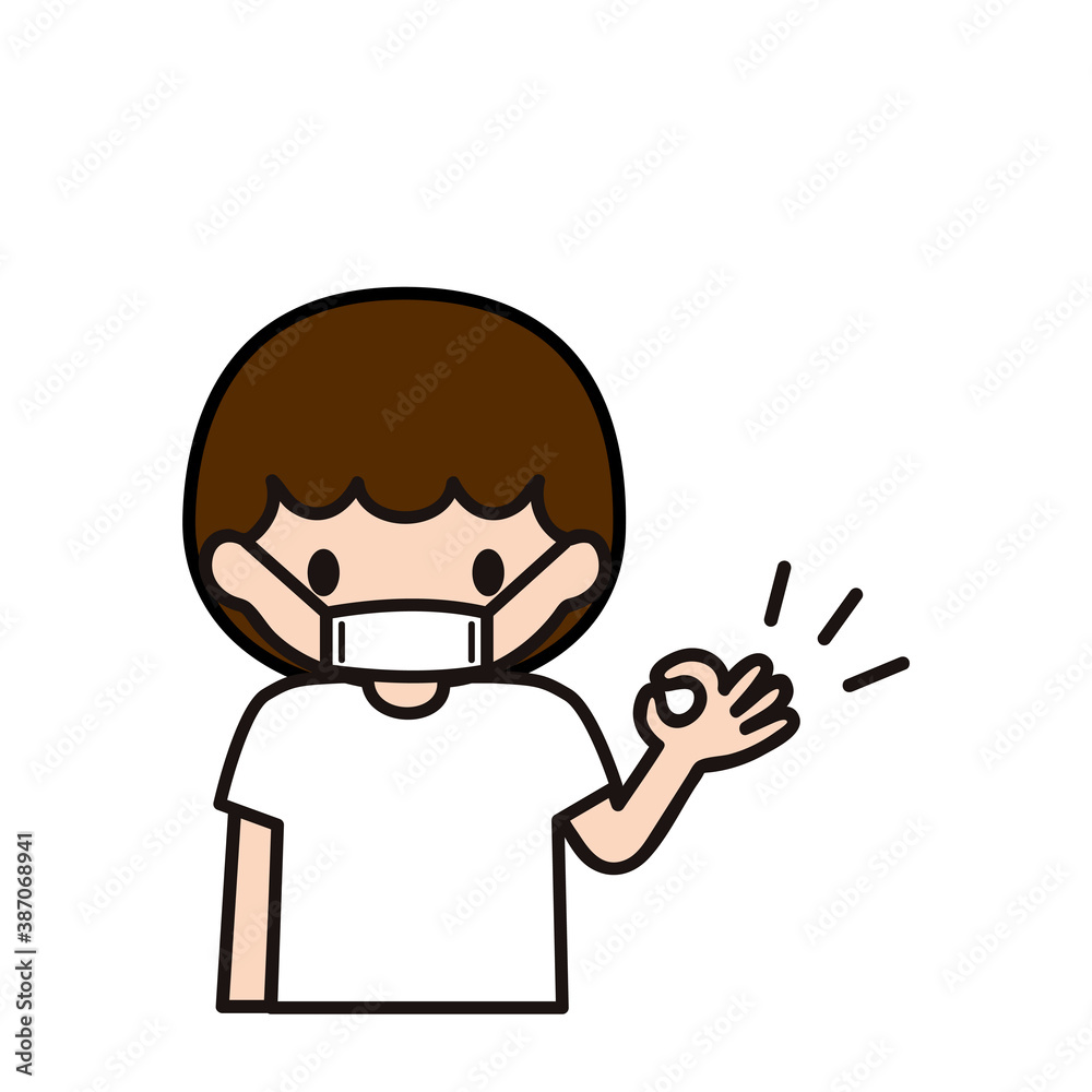 Pictogram of a boy wearing a mask and making the OK sign with his hand