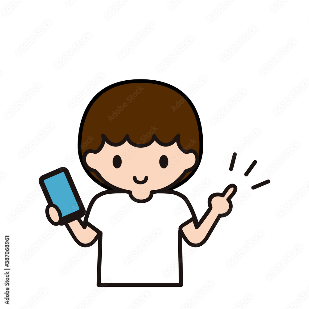 スマートフォンを持って指を立てている少年のイラスト