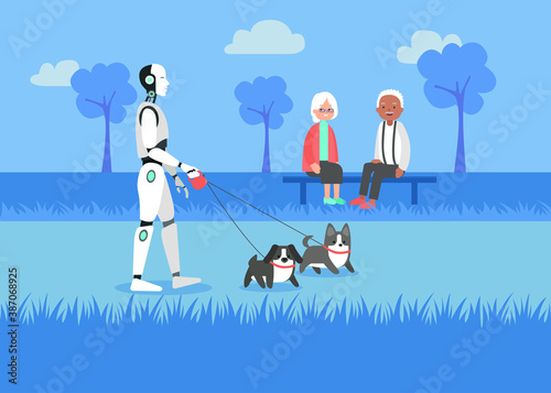 Futuristic artificial intelligence supporting pensioners with walking dogs outside. Art illustration of cyborg assistant.