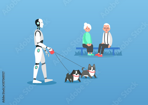 Futuristic artificial intelligence supporting pensioners with walking dogs outside. Art illustration of cyborg assistant.