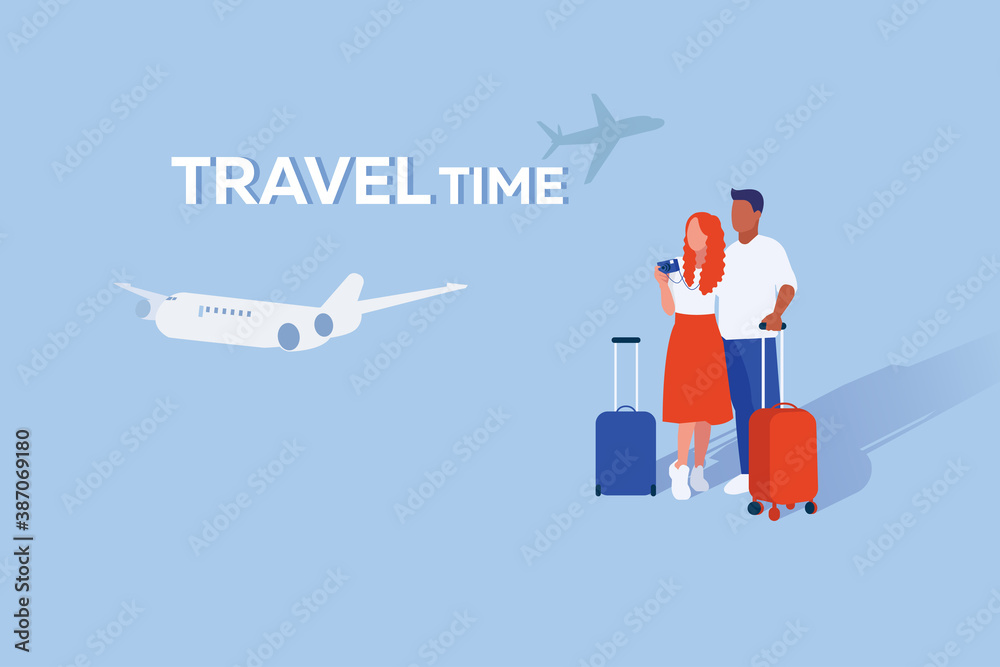 Art illustration of couple of man and woman they stay with suitcases in light blue background with airplanes.