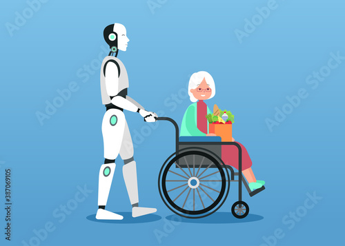 Clipart illustration of cyborg assistances and cares about grandmother she sits on wheelchair. Future technology.
