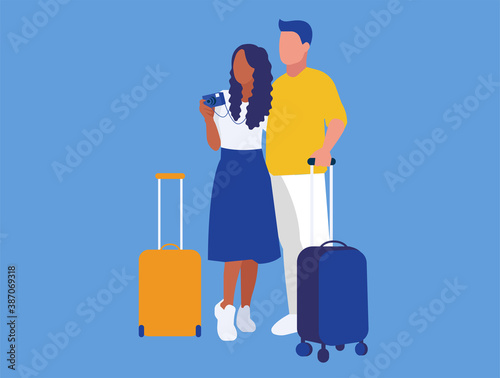 Illustration of two tourists with suitcases and camera in blue background. Multiethnic couple in love going to vacation.
