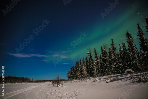 Northern Lights on a full moon night, Fairbanks, Alaska
