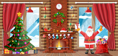 Christmas interior of room with santa claus, tree, window, gifts, decorated fireplace. Happy new year decoration. Merry christmas holiday. New year and xmas celebration. Vector illustration flat style