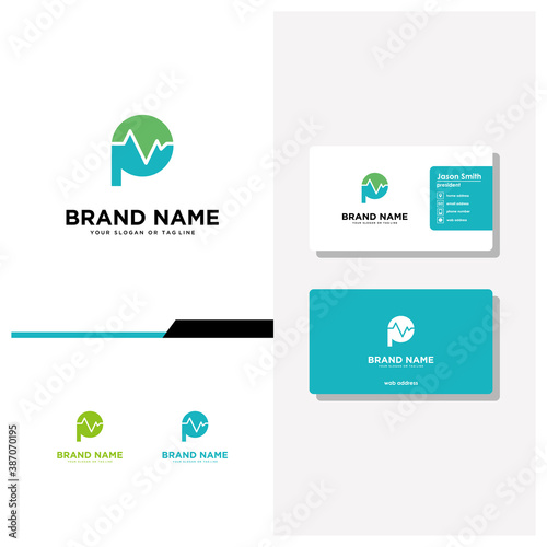 letter P pulse logo design and business card vector