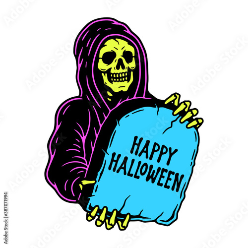 GRIM REAPER WITH TOMBSTONE HAPPY HALLOWEEN COLOR WHITE BACKGROUND
