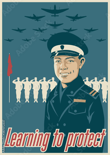 Learning to protect! Military Propaganda Style Poster, Soldiers, Planes