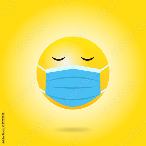 Yellow face emoji with medical mask. COVID-19 emoticon concept. Vector illustration