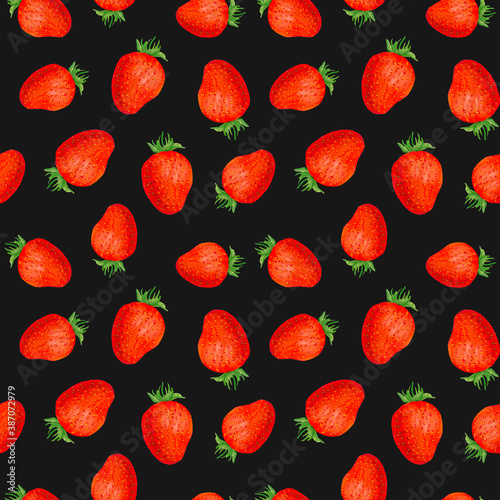 Strawberry seamless pattern. Many red strawberries on a black background drawn by gouache. Design for cosmetics, health products, perfumes, website, print posters, textiles, clothes, bedding, fabrics
