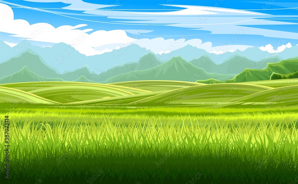 Rural hills. Scenery. Vector. Pasture grass for cows and a place for a vegetable garden and farm. Meadows and trees. Horizon. Beautiful view. Summer.