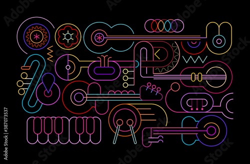 Neon colors isolated on a black background Music Instruments vector illustration. Colored line art silhouettes of guitars, trumpets, sax, saxophone, drum and piano.