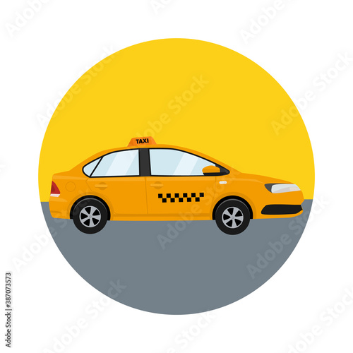 Yellow passenger car taxi  icon in a circle. Urban passenger transportation. Vector illustration