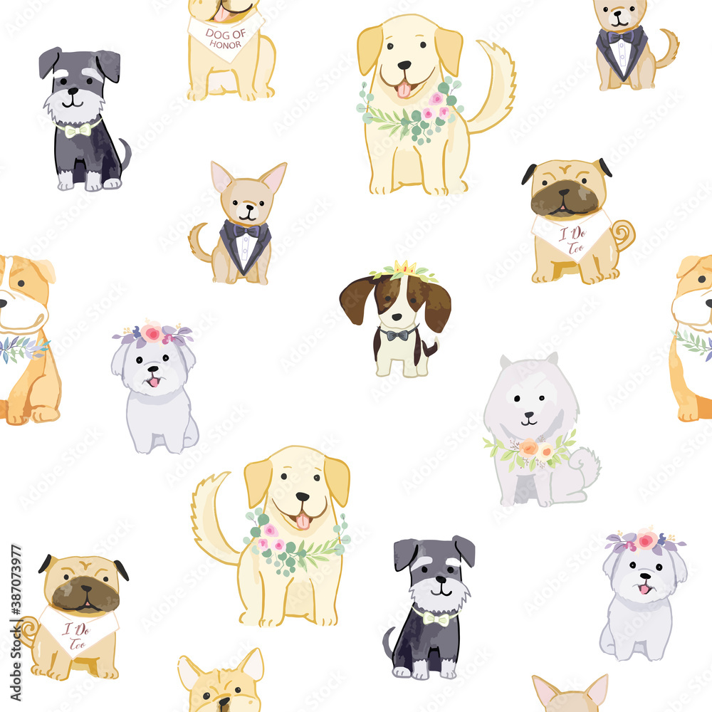 Adorable dogs wearing wreathes seamless pattern for kids apparel, fabric, wrapping paper.