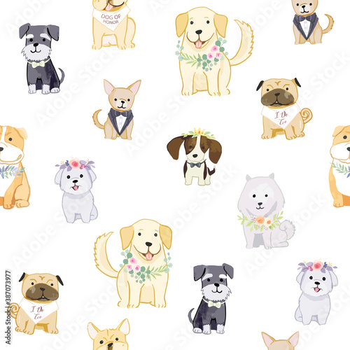 Fototapeta Naklejka Na Ścianę i Meble -  Adorable dogs wearing wreathes seamless pattern for kids apparel, fabric, wrapping paper.