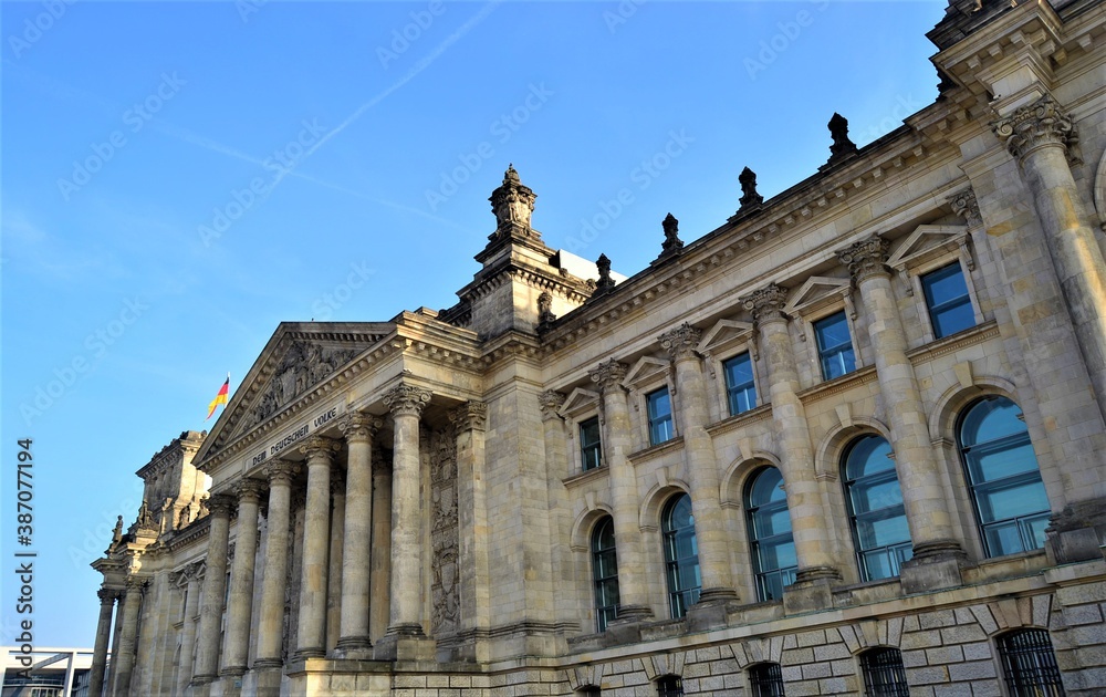 Parliament Building of German during sunny day. German Parliament Building and writes 