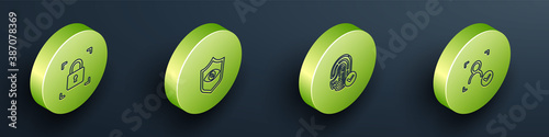 Set Isometric Fingerprint with lock, Shield eye scan, and Face recognition icon. Vector.