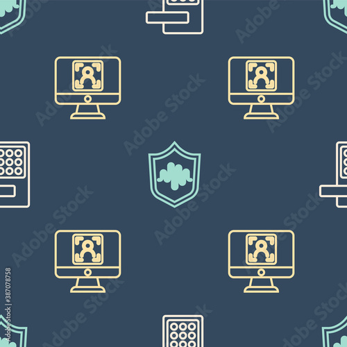Set line Digital door lock, Face recognition and Shield voice on seamless pattern. Vector.
