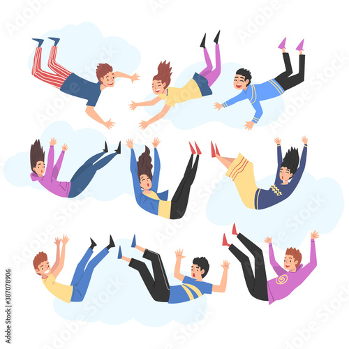 Teenagers Floating in the Sky, Happy Boys and Girls Dreaming, Striving for Success or Spiritual Growth Cartoon Style Vector Illustration