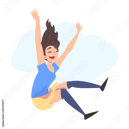Smiling Girl Flying in the Sky, Happy Person Dreaming, Striving for Success Cartoon Style Vector Illustration