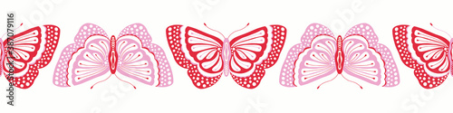 Butterfly border design, cute vector seamless repeat banner illustration of pretty insects in pink and red.