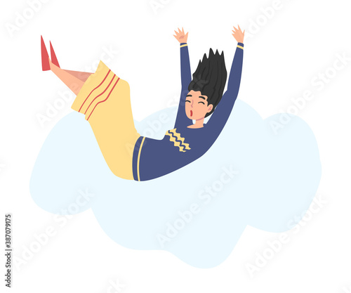 Girl Flying in the Sky, Happy Person Dreaming, Striving for Success or Spiritual Growth Cartoon Style Vector Illustration