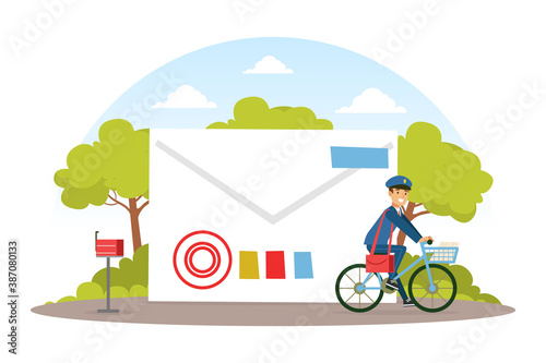 Postman Riding on Bike, Mailman in Blue Uniform Delivering Mails and Parcels to Customers, Mail Delivery Service Concept Vector Illustration