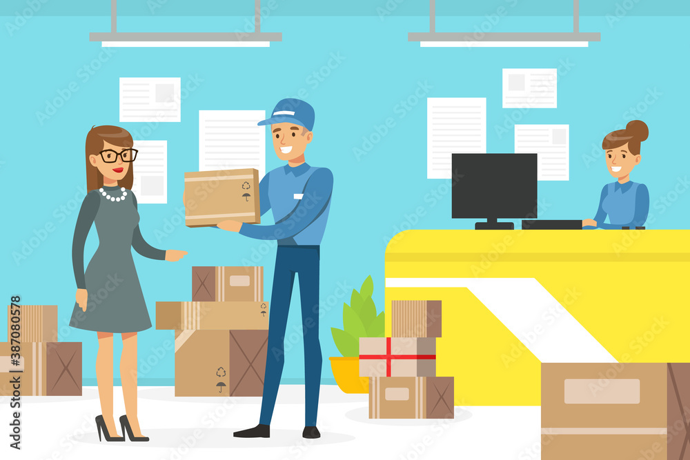 Woman Customer Receiving Parcel Boxe at Post Worker, Delivery Service Office Interior Vector Illustration Woman Customer Receiving Parcel Boxe at Post Worker, Delivery Service Office Interior Vector Illustration