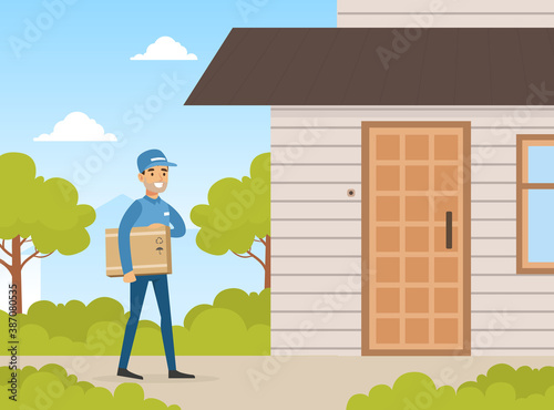 Male Postman Courier Delivering Parcel Box to Customer Door, Delivery Service Concept Vector Illustration