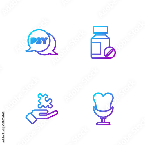 Set line Armchair, Solution to the problem, Psychology, Psi and Sedative pills. Gradient color icons. Vector.