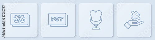 Set line Rorschach test, Armchair, Psychology, Psi and Solution to the problem. White square button. Vector.