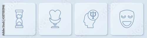Set line Old hourglass, Psychology, Psi, Armchair and Comedy theatrical mask. White square button. Vector.