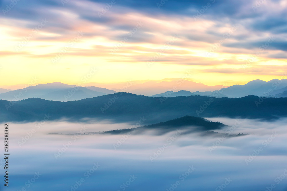 Scenic view of mountain and fog in morning sunrise, Landscape of natural