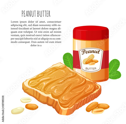 Bread with Peanut butter. Jar of peanut butter isolated on white. Vector Illustration