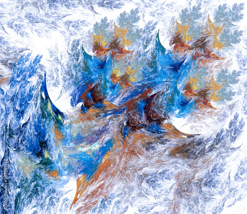 Winter pattern with frost on the glass. Imitation of a watercolor painting. 3d rendering. 3d illustration. Abstract fractal background. © Svetlana