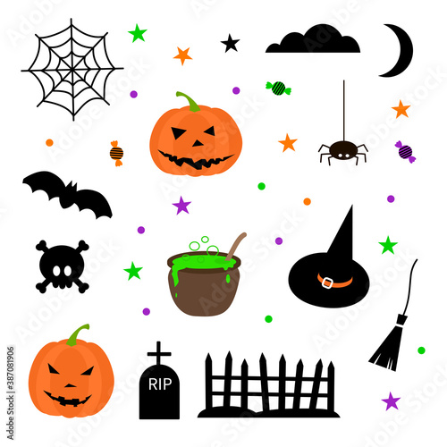 Happy Halloween elements set - brooms spider web skull bones, graves, fence, pumpkin, moon, cloud, bat, spider, witch hat. Stock vector illustration on white background