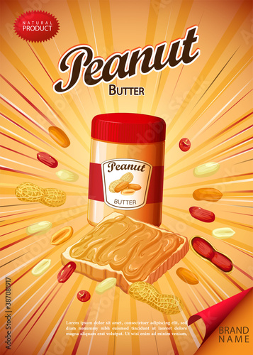 Peanut butter spread and sandwich illustration.